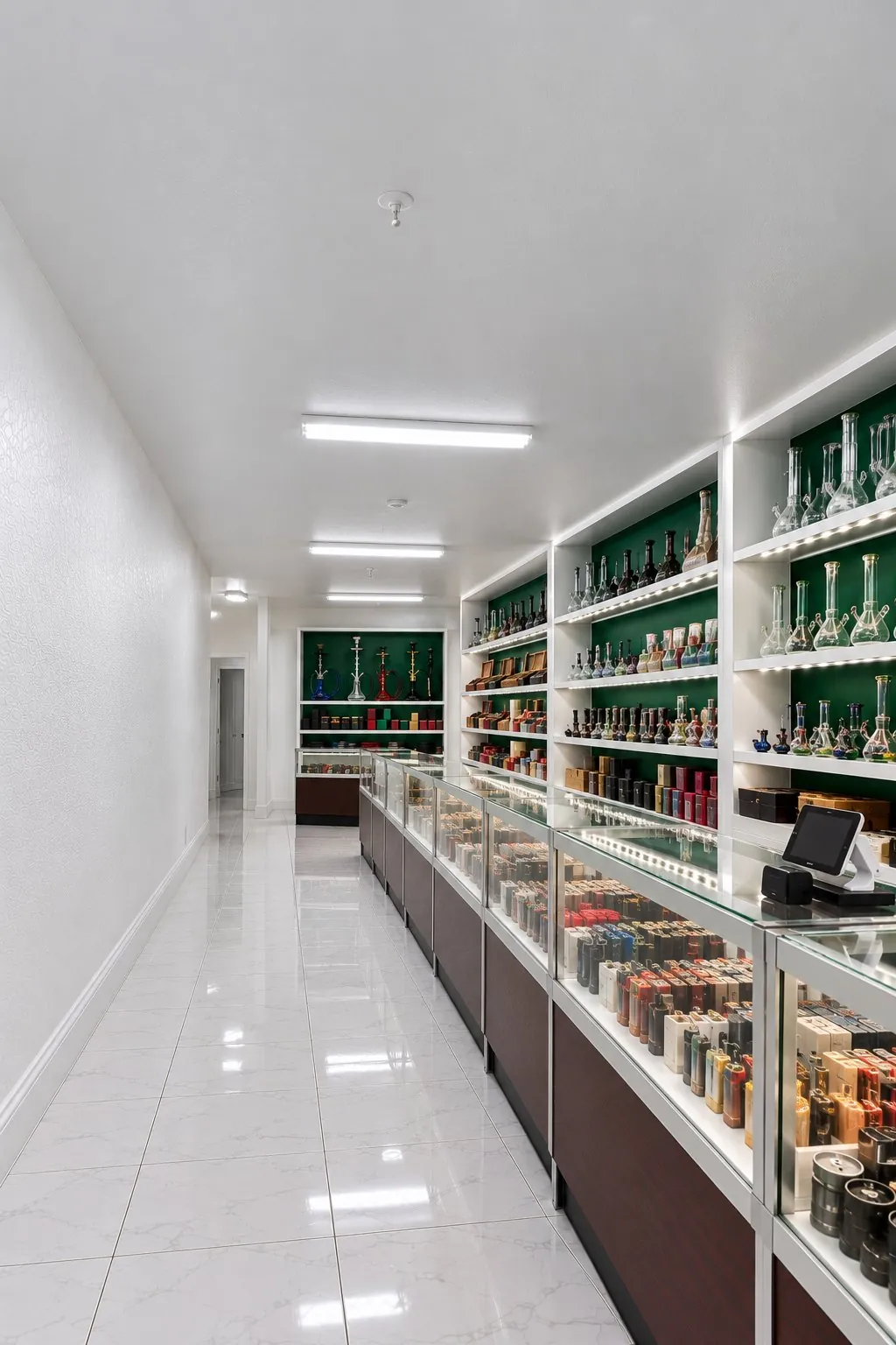 Inside Kush Kingdom Dispensary in Richland Hills: white marble floor, green walls and glass cases
