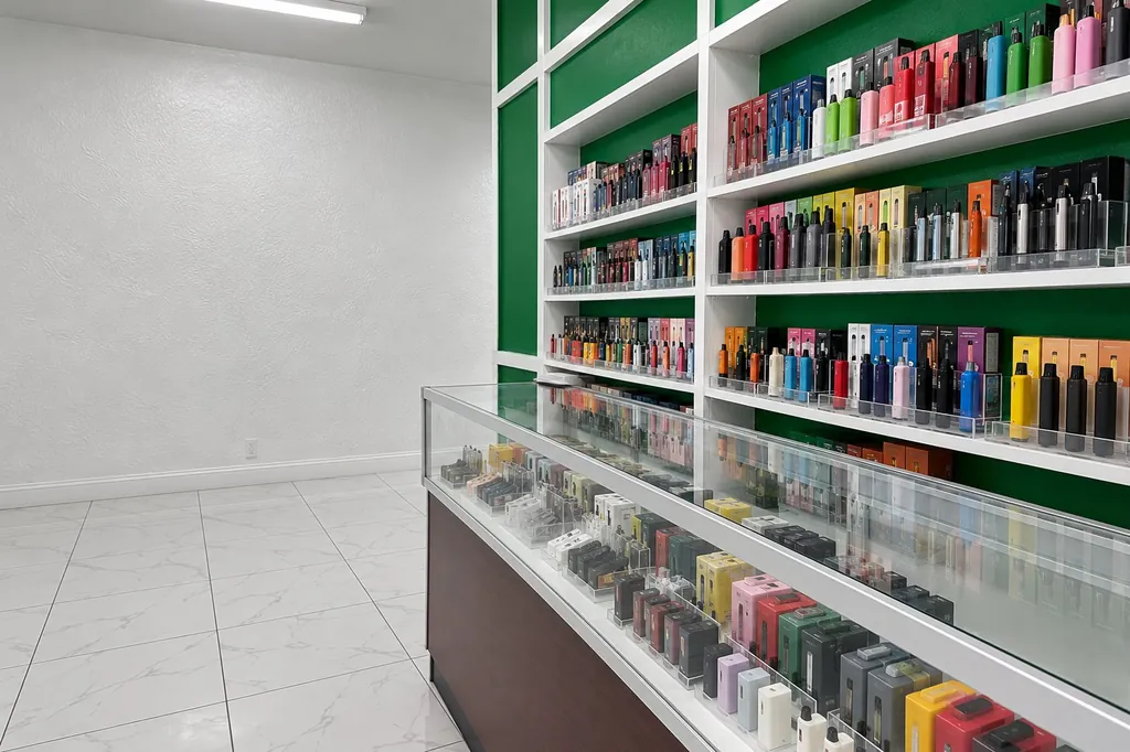 Wall of disposable vapes in acrylic risers behind a glass counter at Kush Kingdom
