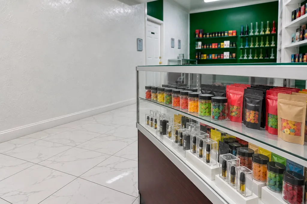 Stocked glass cases at Kush Kingdom ready for this week's deals