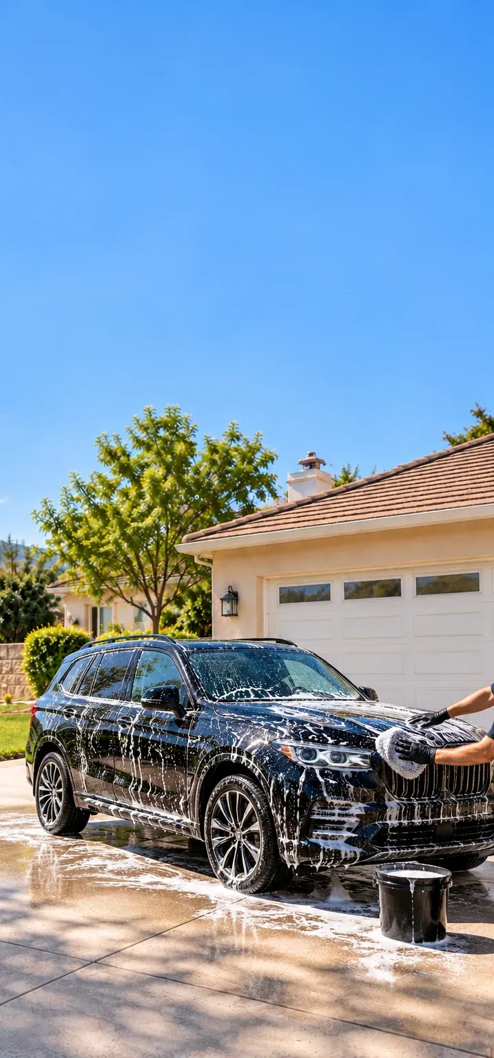 Hand washing a foam-covered black SUV on a driveway