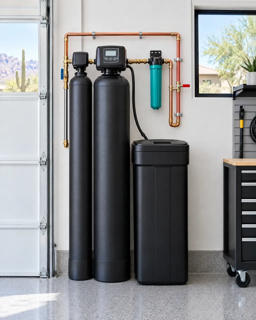 A whole house softening and filtration system installed in a garage