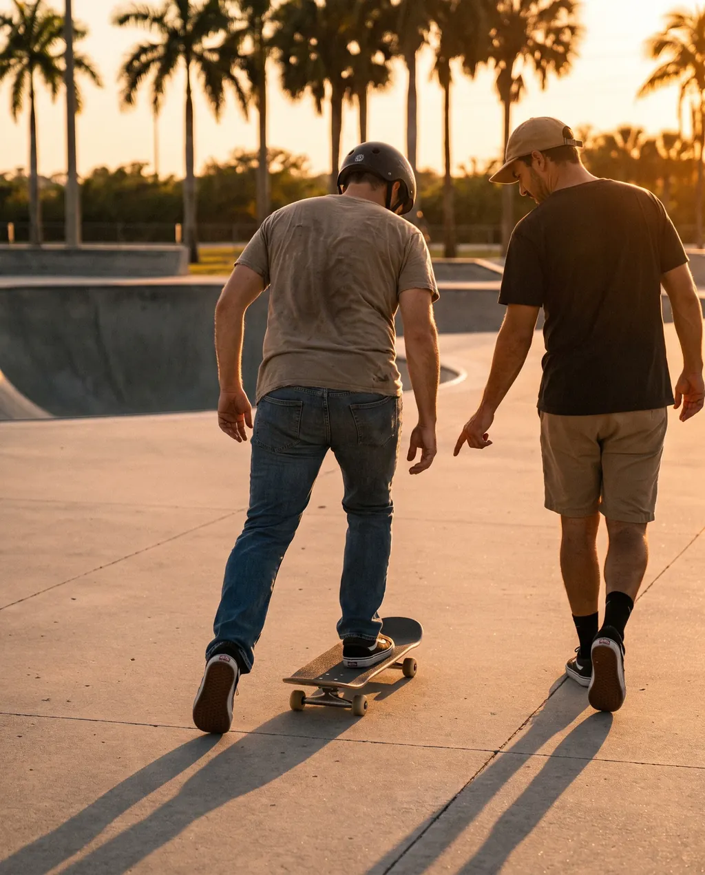 Adult beginner learning to push a skateboard with a coach walking alongside