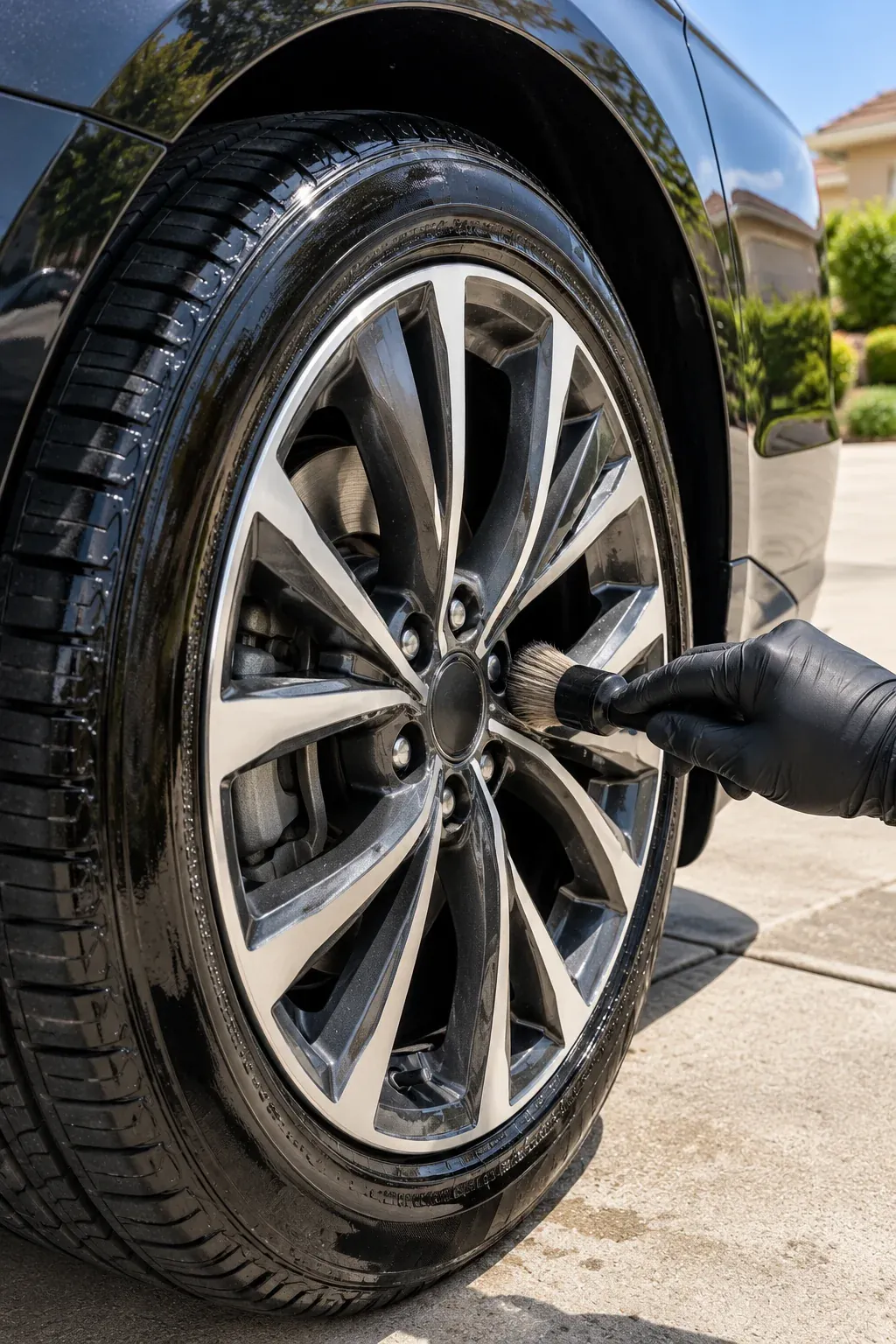 A freshly cleaned alloy wheel with tire shine being brushed