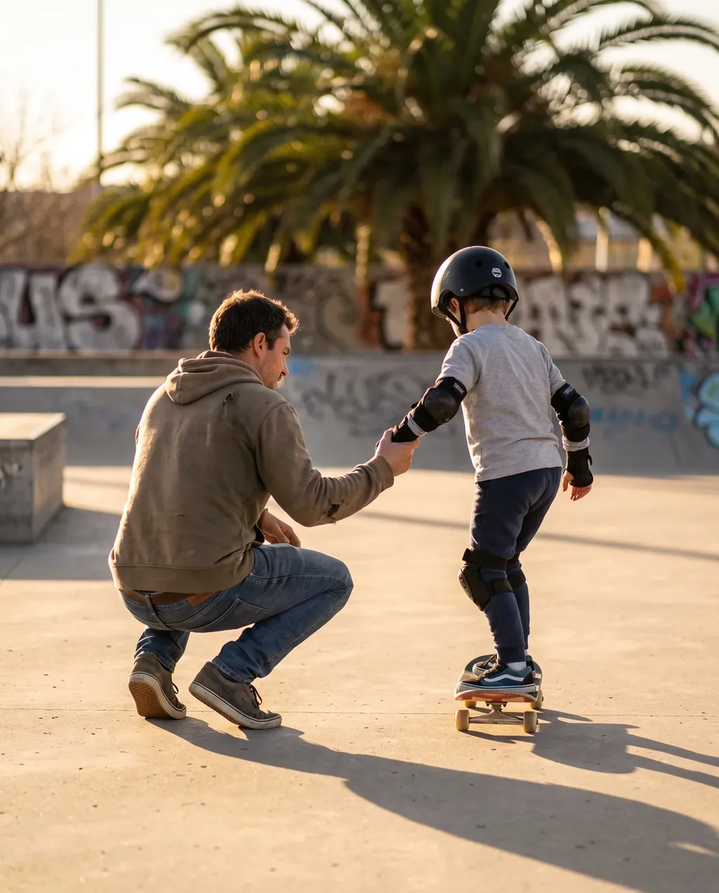 Skate coach holding a young kid's hands as the kid balances on a skateboard