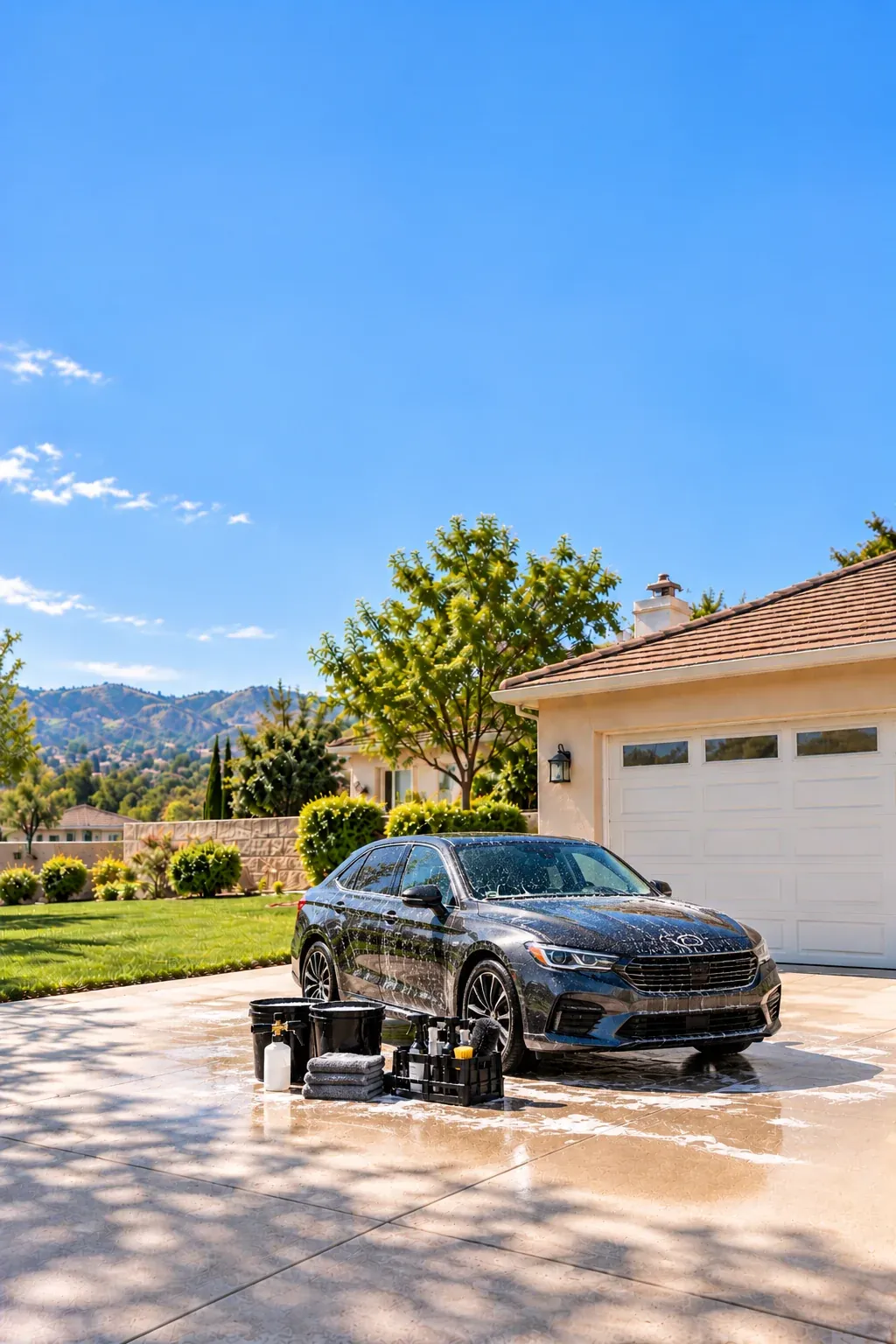 Mobile detailing equipment next to a freshly washed car