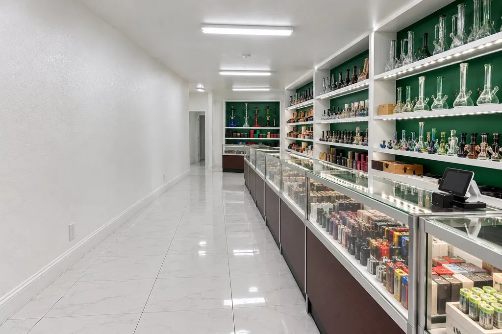 The front counter and glass cases inside a Kush Kingdom shop