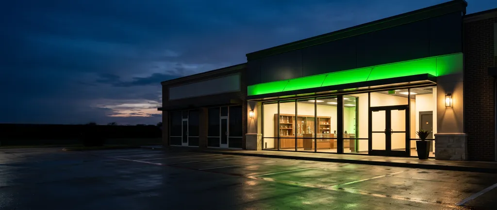 The Plug dispensary storefront at dusk, glass frontage glowing warm against a dark Houston strip center