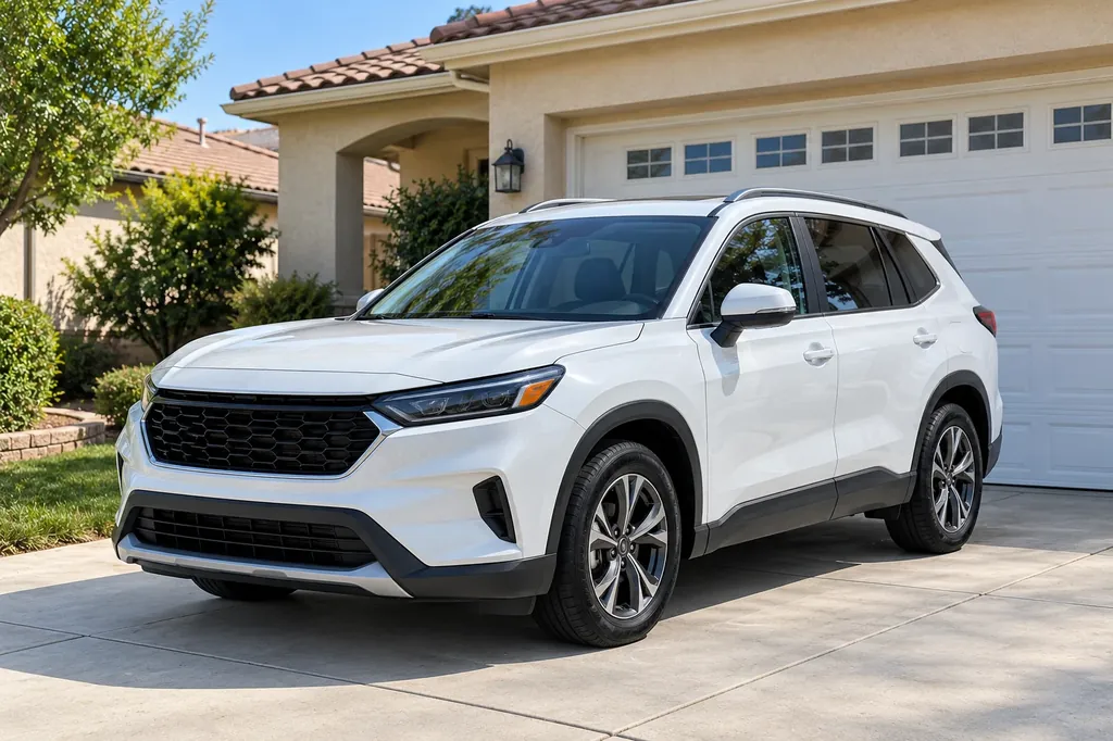A freshly washed white SUV on a home driveway
