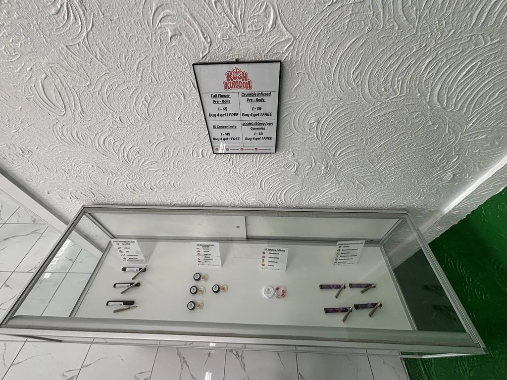 A glass display case at Kush Kingdom