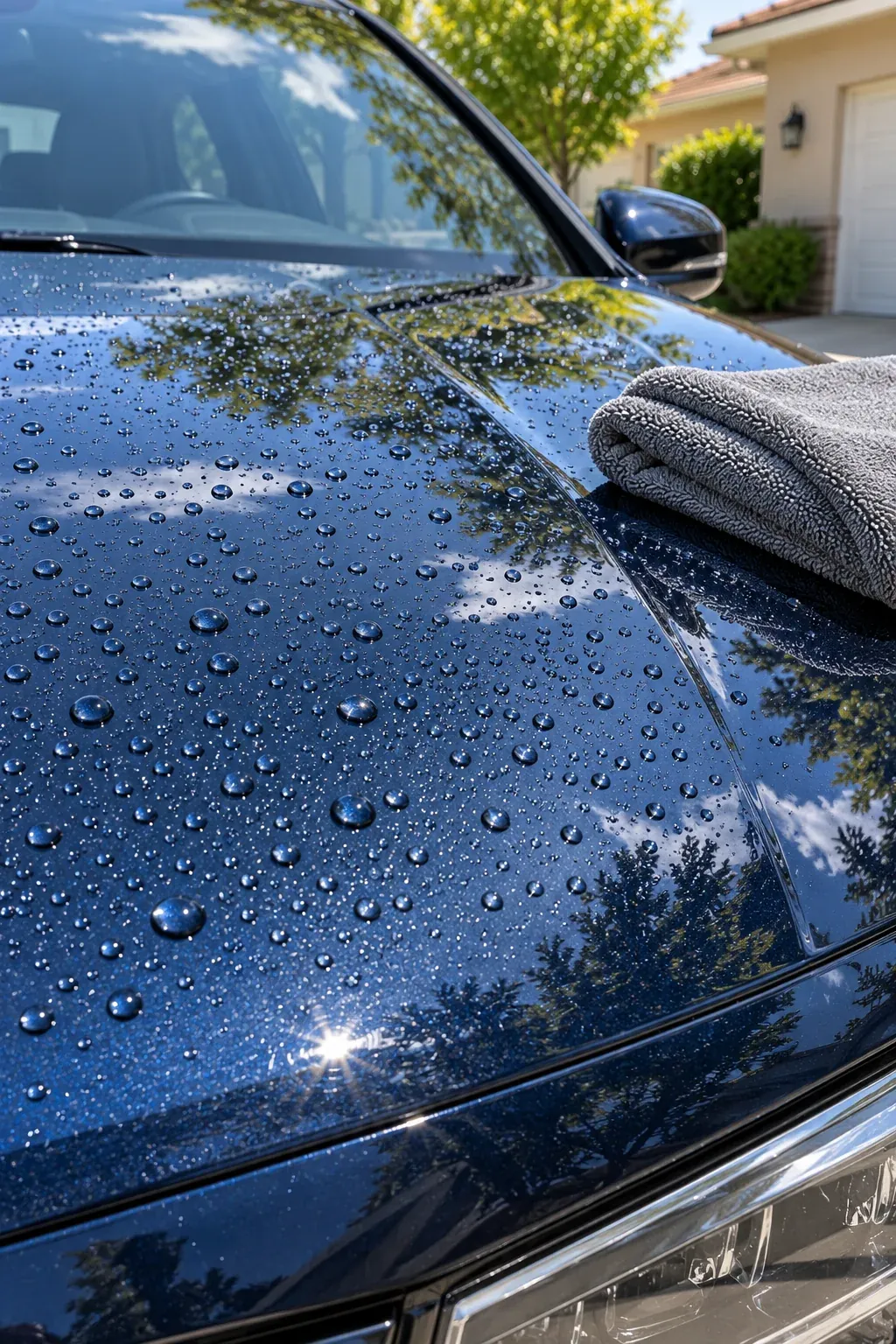Water beading on a freshly waxed blue hood