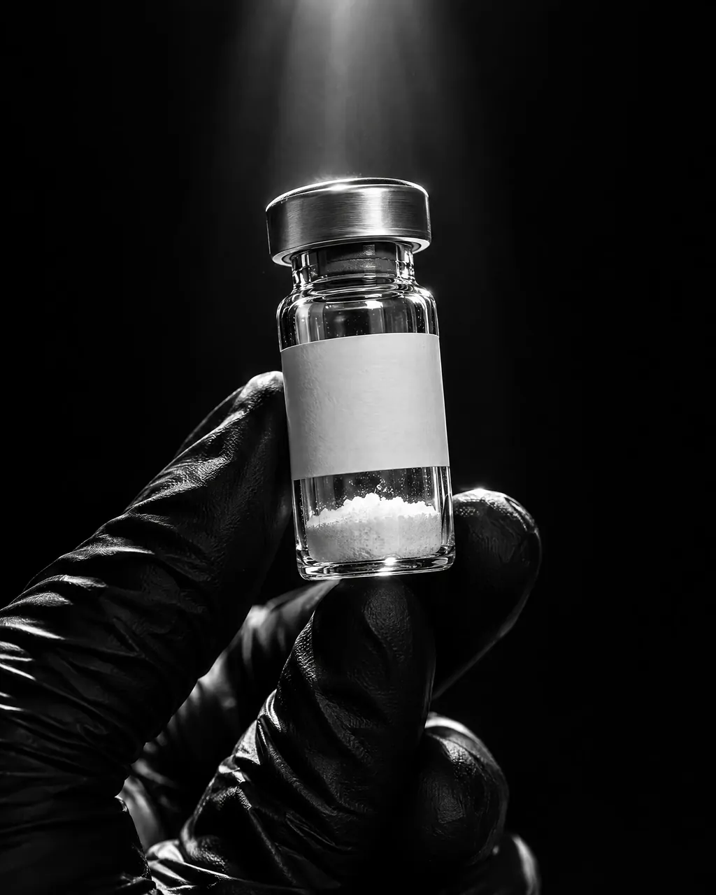 A gloved hand holding a sealed vial of lyophilised powder up to the light
