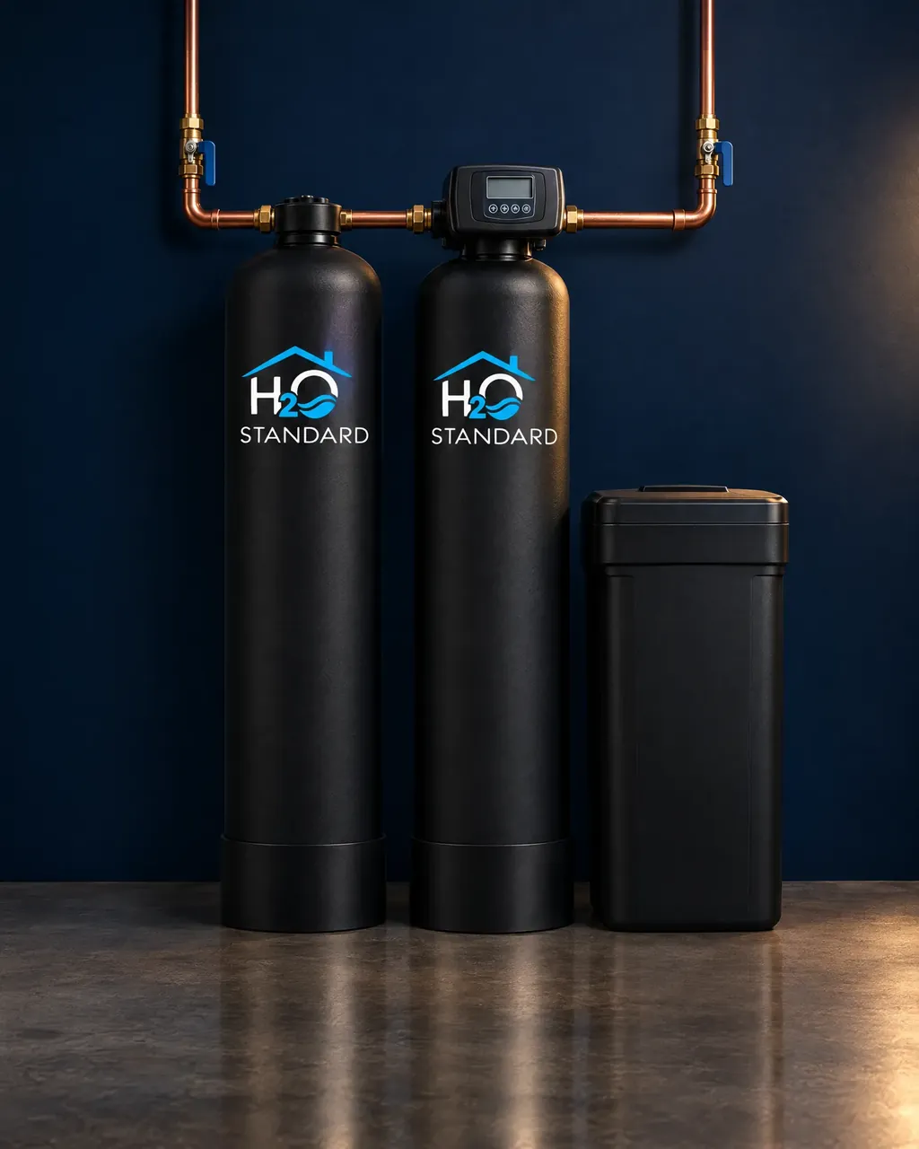 The H2O Standard water system: carbon and softener tanks with our logo, a brine tank and copper plumbing against a navy wall