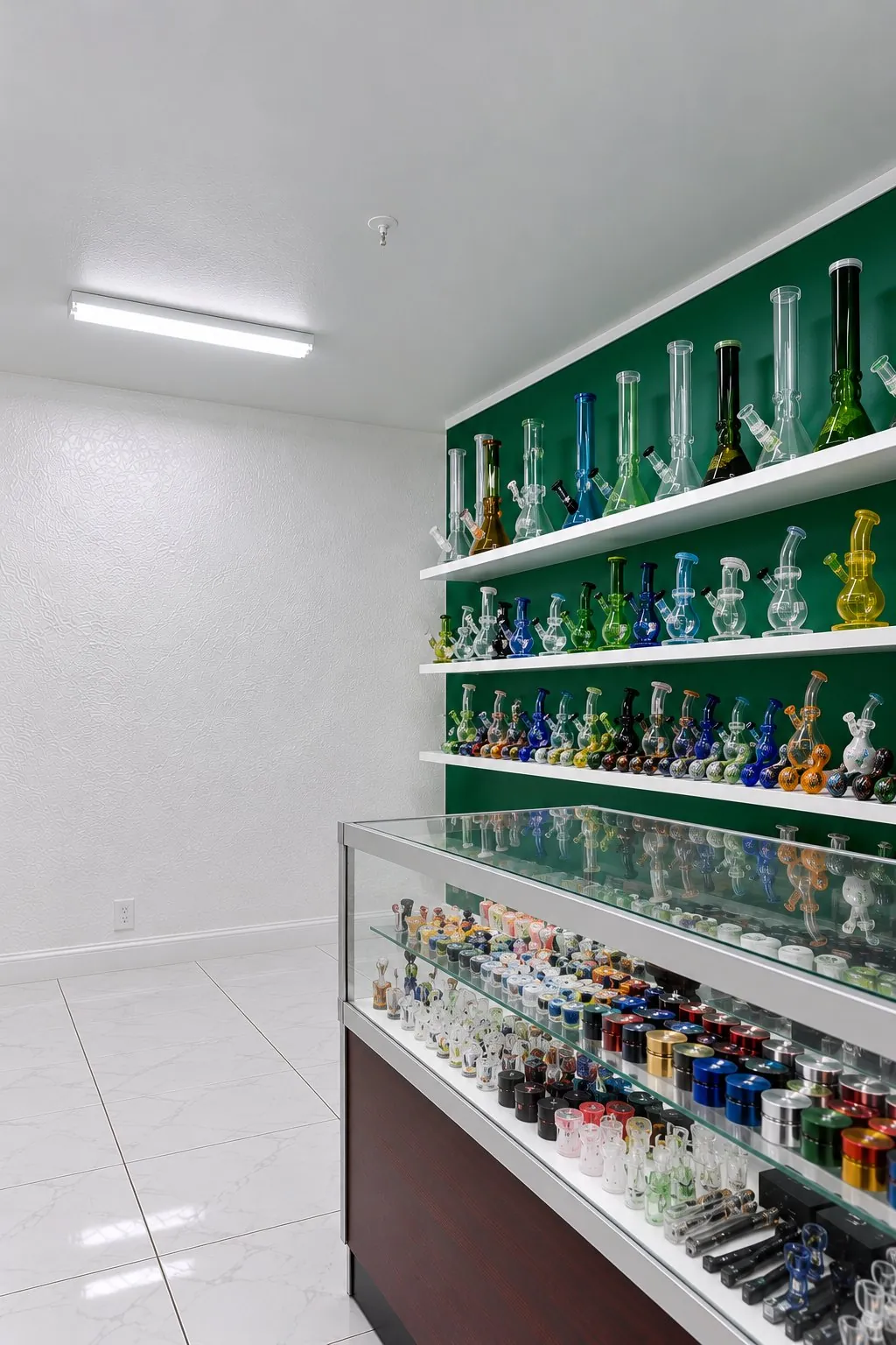 Glass display cases and stocked shelves across the Kush Kingdom sales floor