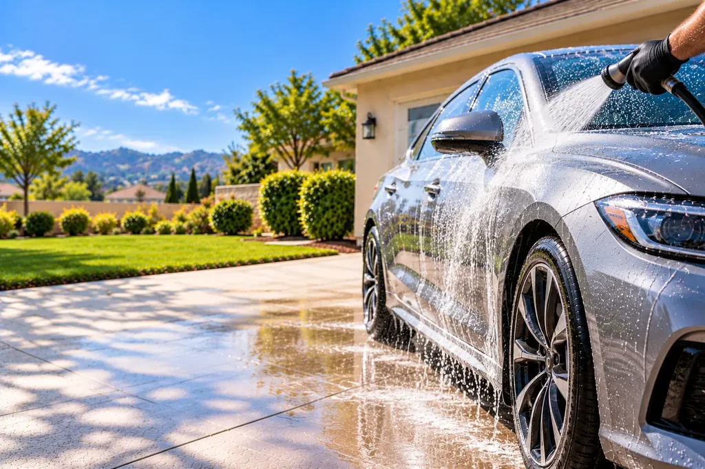 Rinsing a freshly washed silver car with a hose