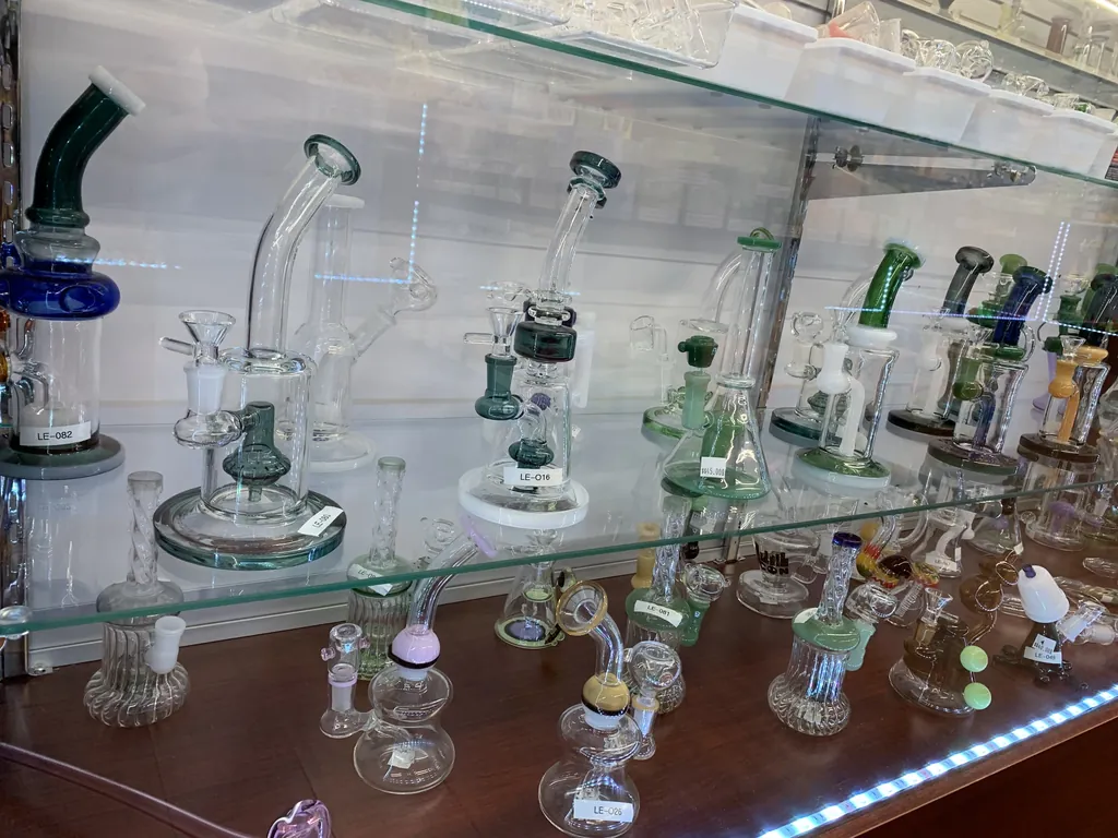 Glass bongs on the shelf at Smoke Valley Smoke Shop Plantation