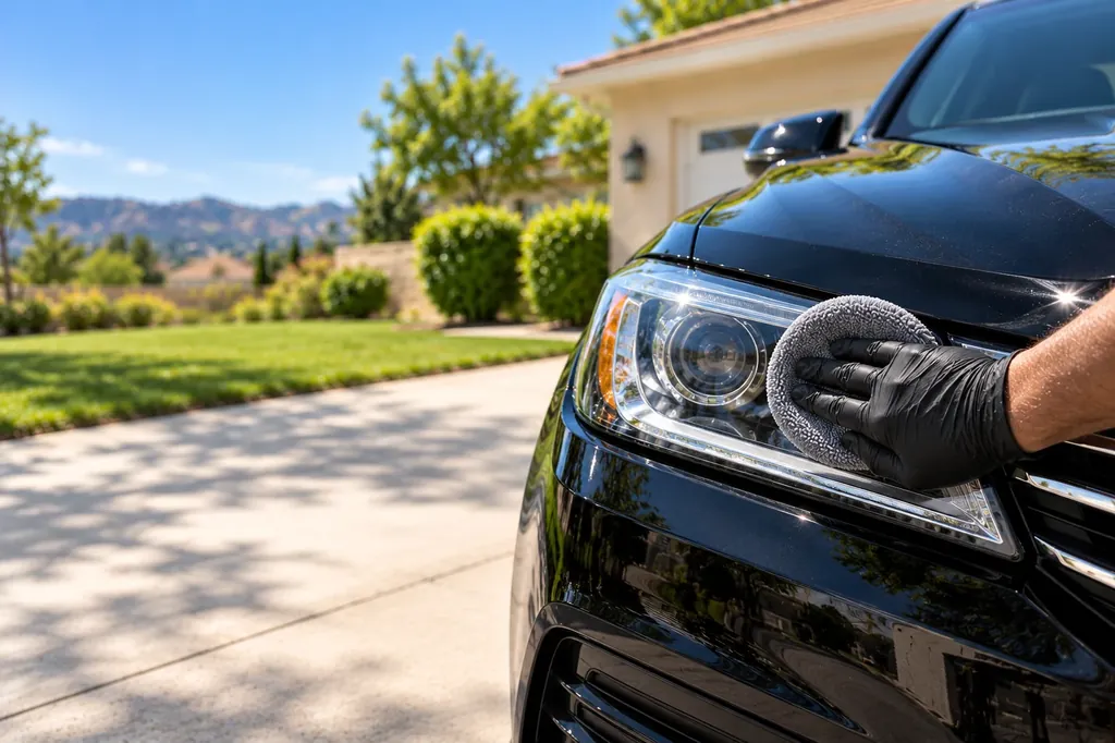 A gloved hand restoring a headlight with a microfiber pad