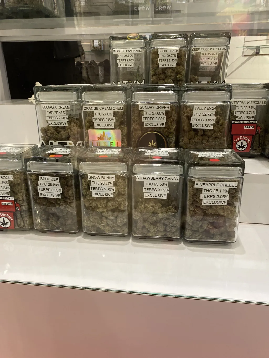 Jars of fresh Oklahoma flower at Prestige Cannabis Co. in Del City