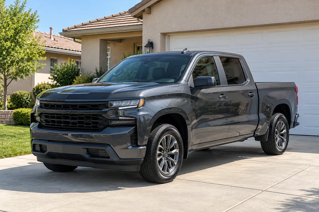 A freshly washed gray pickup truck on a home driveway