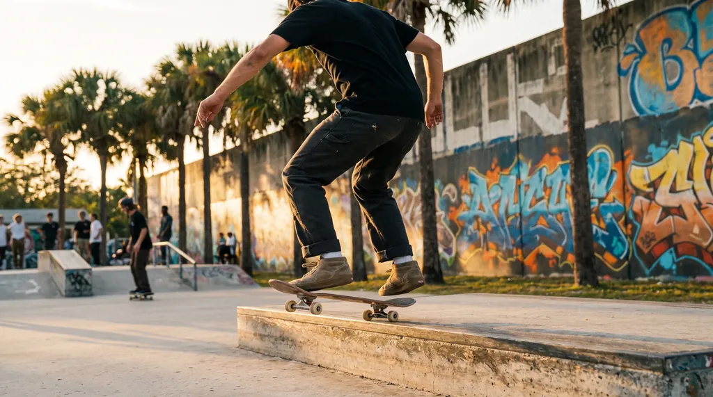Skateboarder popping an ollie off a concrete ledge at a South Florida skatepark
