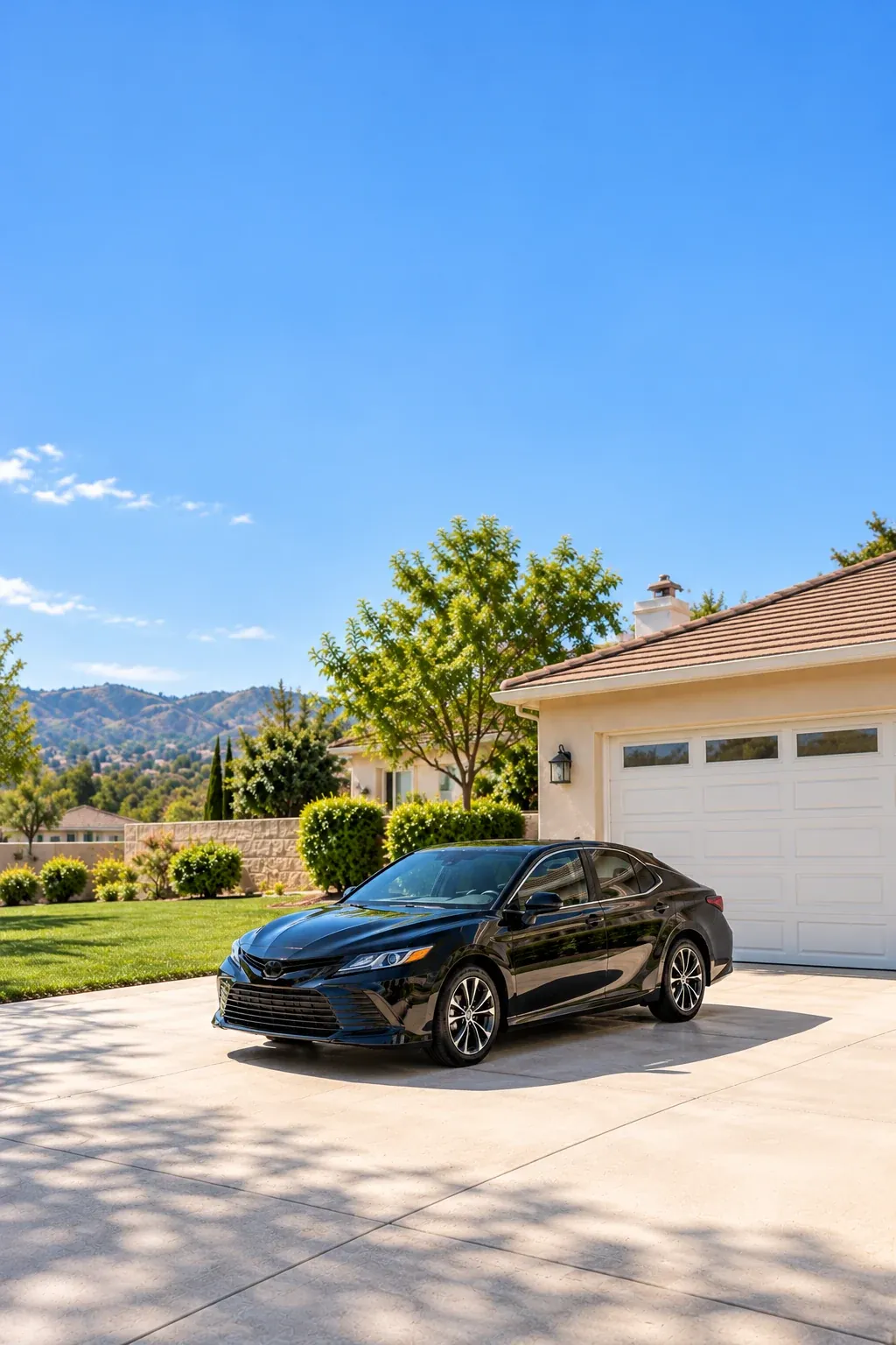 A freshly washed black sedan on a home driveway