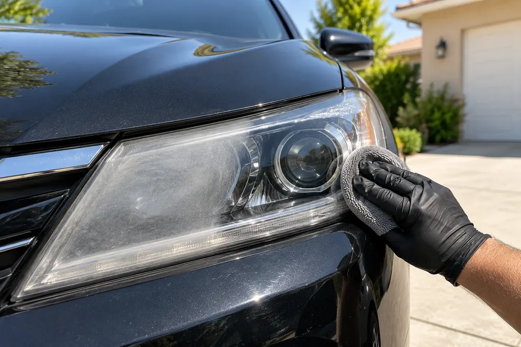 A gloved hand restoring a hazy headlight