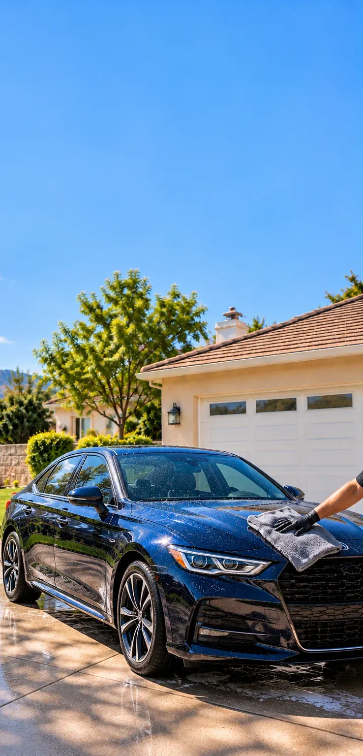 Drying a freshly washed blue car with a microfiber towel