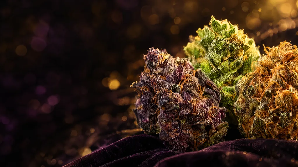 Close-up of three cannabis strains in purple, green and orange