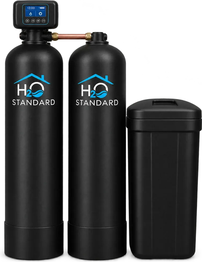 The H2O Standard twin tank water softener: two resin tanks sharing one valve, and a brine tank