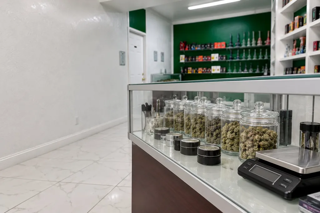 Glass jars of hemp flower in a display case at Kush Kingdom