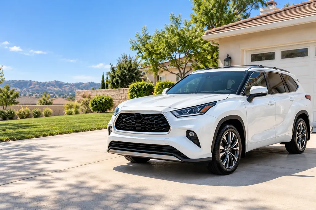 A freshly washed white SUV on a home driveway