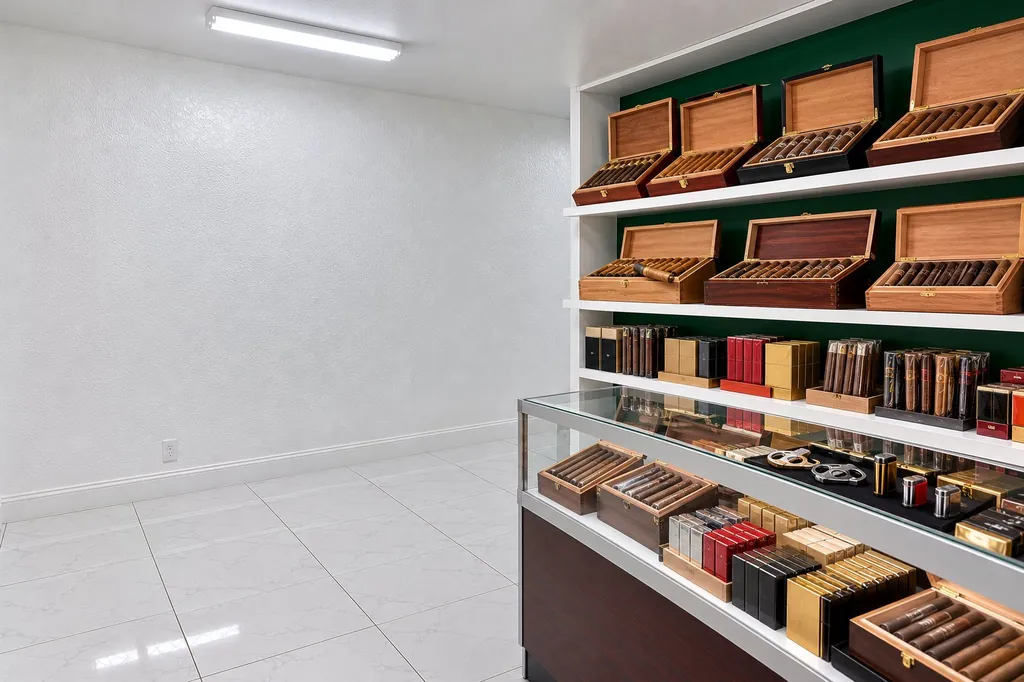 Boxes of cigars and cigarillos on a shelf at Kush Kingdom