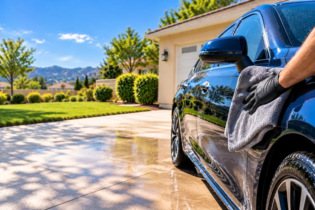 Drying a freshly washed blue car with a microfiber towel