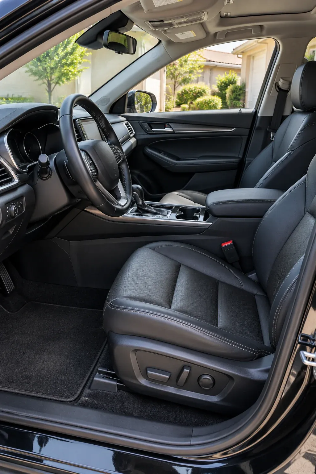 A spotless black leather interior seen through the open door