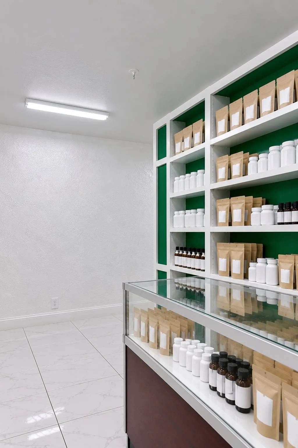 White shelf of kratom capsule bottles, kraft powder pouches and shot bottles at Kush Kingdom
