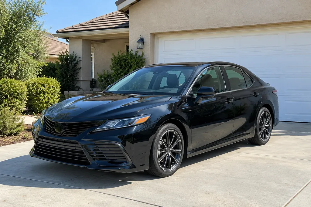 A freshly washed black sedan on a home driveway