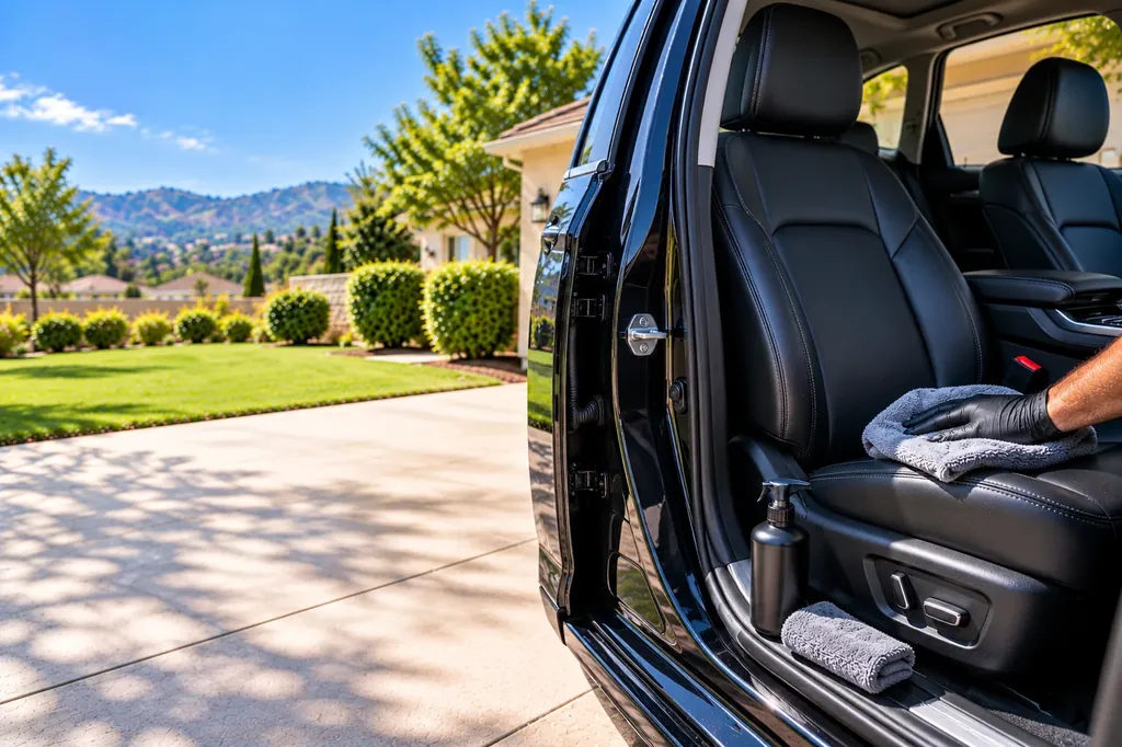 Wiping a black leather car seat with a microfiber cloth