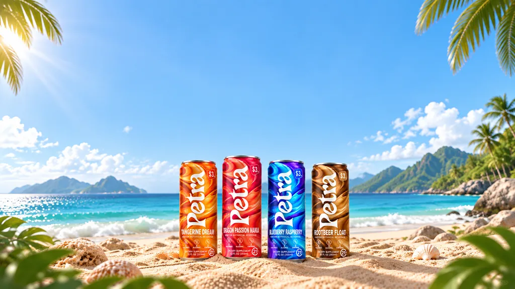 The four Petra flavors standing in beach sand, the ocean and palms behind them