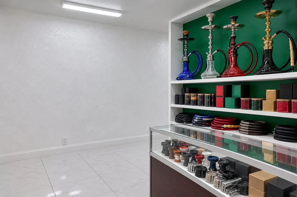 Hookahs and shisha boxes on a shelf beside a glass counter at Kush Kingdom