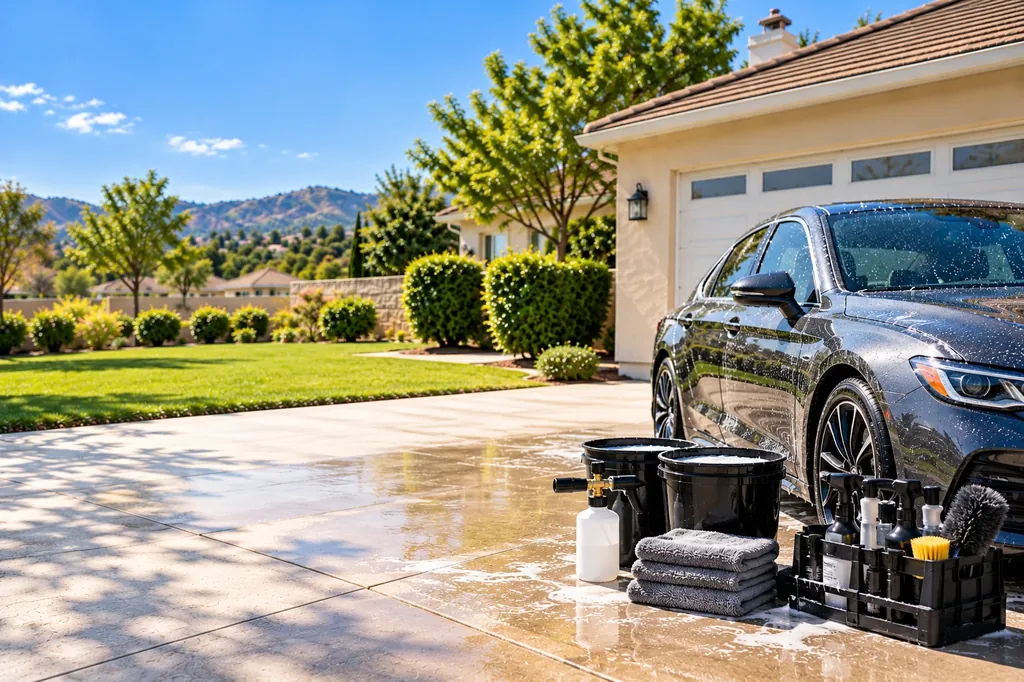 Mobile detailing equipment next to a freshly washed car
